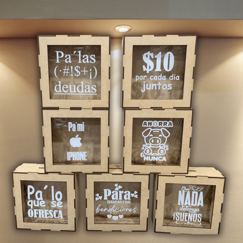 Alcancías mini en mdf con acrílico grabado